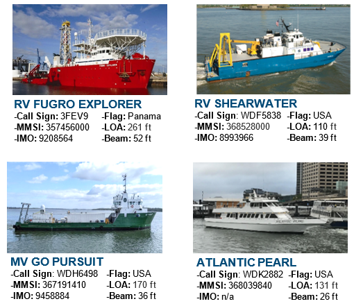 Survey vessels: RV Fugro Explorer, RV Shearwater, MV Go Pursuit, Atlantic Pearl